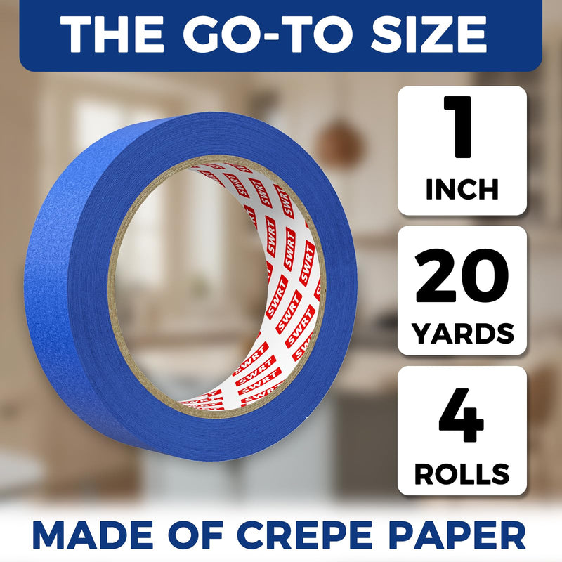 SWRT Blue Painter's Tape, 1 Inch x 20 Yards, 4 Rolls, Clean Removal | Crisp Paint Lines; Fast, Clean Masking; Reliable Hold; Easy Hand Tear; Walls, Trim & Glass; Painting & Crafts