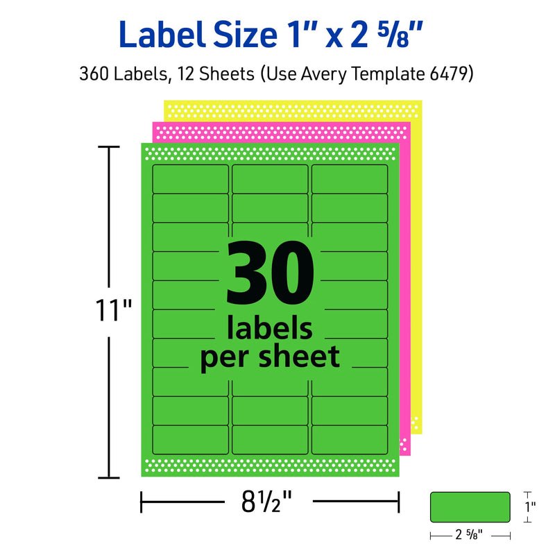 Avery Printable Labels, Sure Feed Technology, 1" x 2-5/8", Assorted Neon Colors (Green, Magenta, and Yellow), Removable Adhesive, Laser & Inkjet Compatible, 360 Blank Labels Total (6479) 1"H x 2 5/8"W