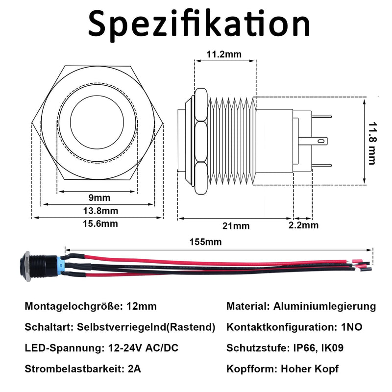 [Australia - AusPower] - JIQI 2 x 12 mm Locking Pressure Switch 12 V to 24 V 2 A Waterproof Self-Holding Black Push Button Switch Made of Metal LED Illuminated Latch On/Off Switch with IP66 1NO for Motorcycle (High Head, Rastend Red Ring 