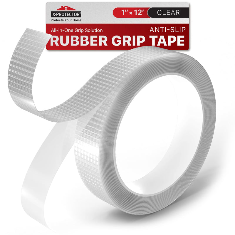 X-Protector Rubber Grip Tape - 1" x 12' Non-Abrasive Grip Roll - Heavy-Duty Non Slip Adhesive Strips - Clear Waterproof Rubberized Grip Tape for Handles! Clear (Roll)