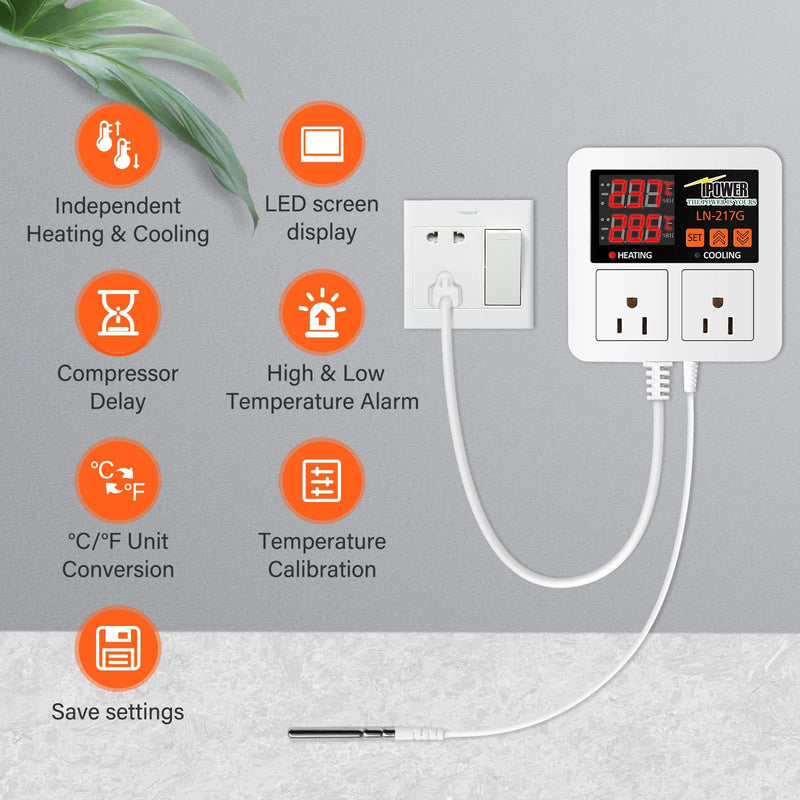 [Australia - AusPower] - iPower Digital Temperature Controller, 1200W 10A Dual Outlet Thermostat Plug, 2-Stage Heating/Cooling Mode, for Seed Germination, Reptiles, Brewing Breeding, Fermenter Greenhouse 