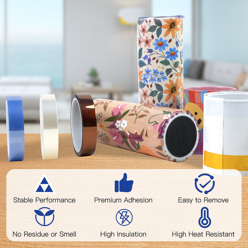 HTVRONT Heat Tape Dispenser + 4 Rolls Heat Tape for Sublimation White 10mm x33m(108ft) + 2 Rolls Heat Resistant Tape Blue 20mm x33m(108ft)