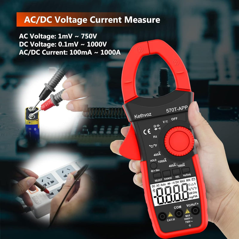 [Australia - AusPower] - 570T-APP Digital Clamp Meter, 4000 Counts Bluetooth Multimeter, 1000A AC/DC Amp Voltage Tester, Measures Ohms, Capacitance, Frequency, Temperature, Diode, Continuity Test with Data Logging 