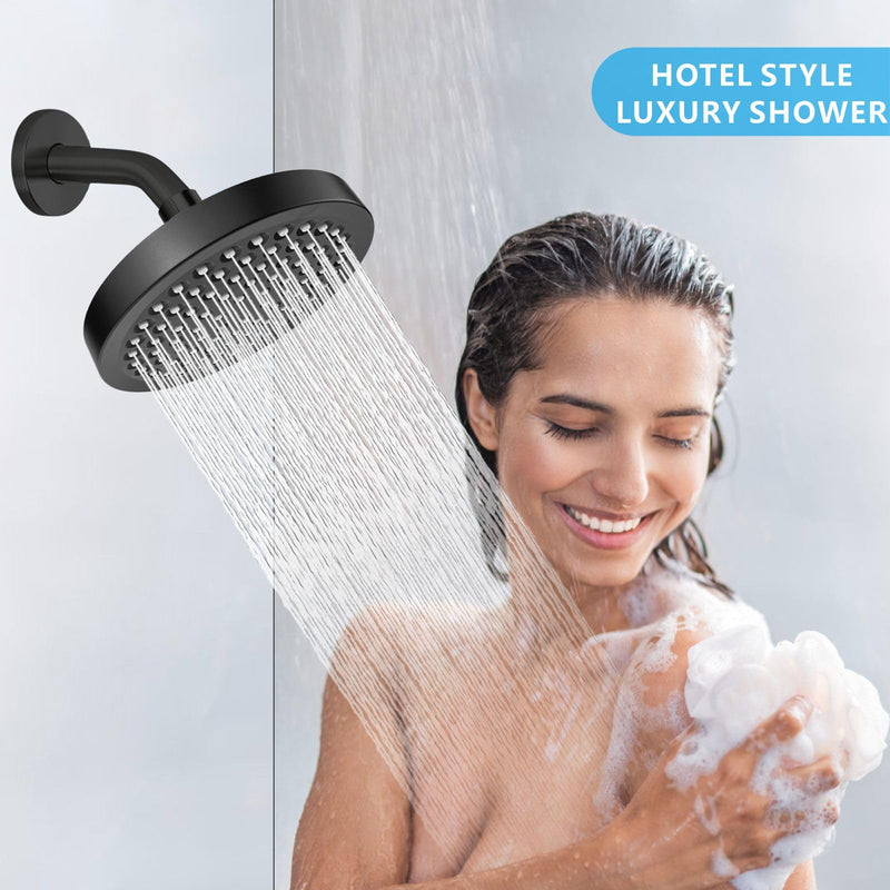 High Pressure Rain Shower Head with Arm - High Flow Rainfall Showerhead - Luxury Modern Look - Pressure Boosting (6" Shower Head with 6" Arm, Matte Black) Shower Head + 6 Inch Shower Arm Midnight Black Matte
