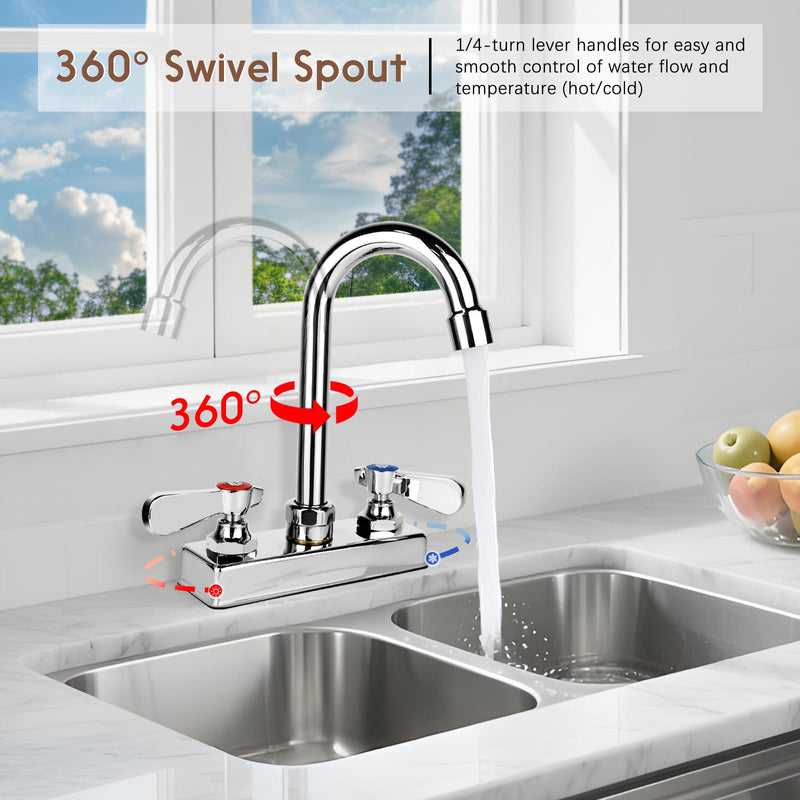 Commercial Bar Sink Faucet 4 Inch Center Deck Mount, 3-1/2" Gooseneck Swivel Spout Hand Sink Faucet, 2 Hole Brass Constructed & Chrome Polished with Dual Lever Handles 4" Center 3-1/2" Spout