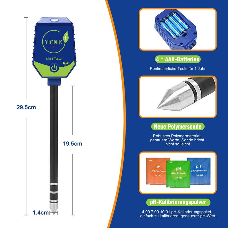 YINMIK Soil pH Moisture Meter Plants Conductivity pH Meter | Digital 8 in 1 pH Moisture EC TDS Salt Content Light Fertility Humidity Temperature Meter Blue