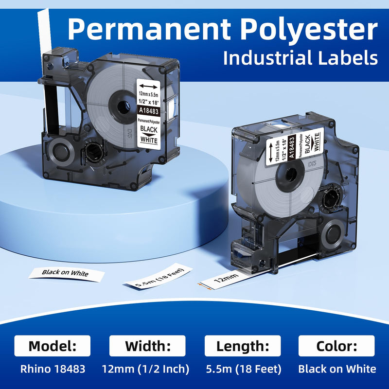 COLORTY 18483 12mm Industrial Labels Tape Replacement for Dymo Rhino Permanent Polyester Labels, Work for Rhino 1000 3000 4200 5000 5200 6000 Label Maker, Black on White, 5-Pack 1/2 inch