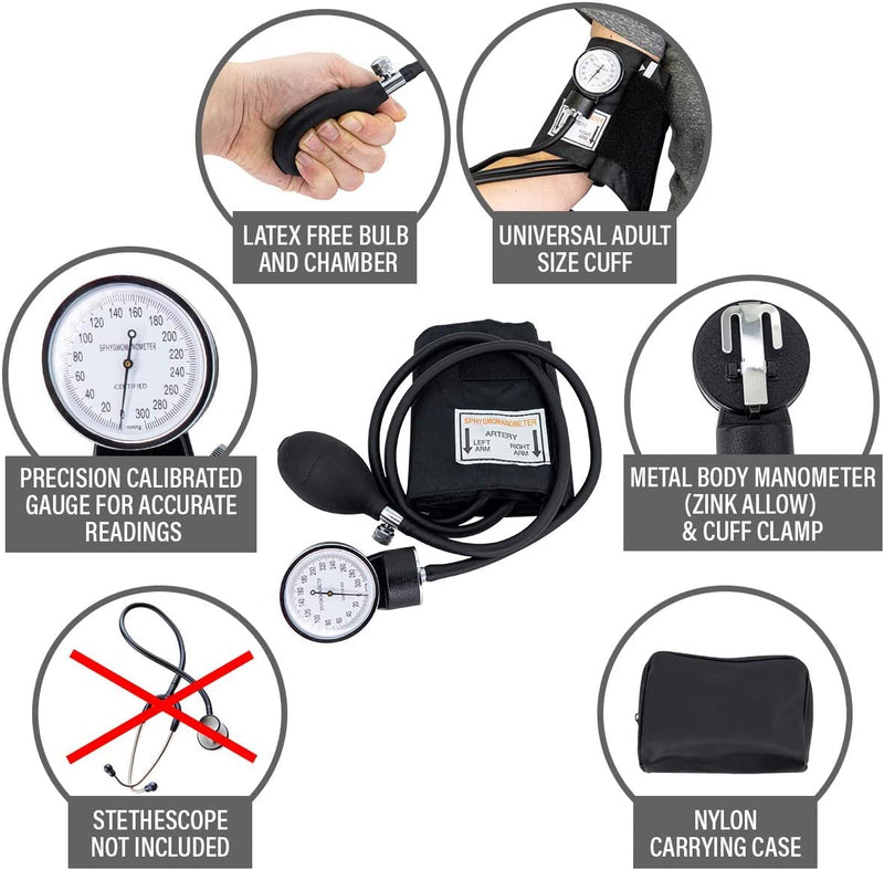 [Australia - AusPower] - LINE2design Adult Blood Pressure Cuff - School Safety Deluxe Aneroid Sphygmomanometer with Cuff and Carrying Case Trauma Kits Black 