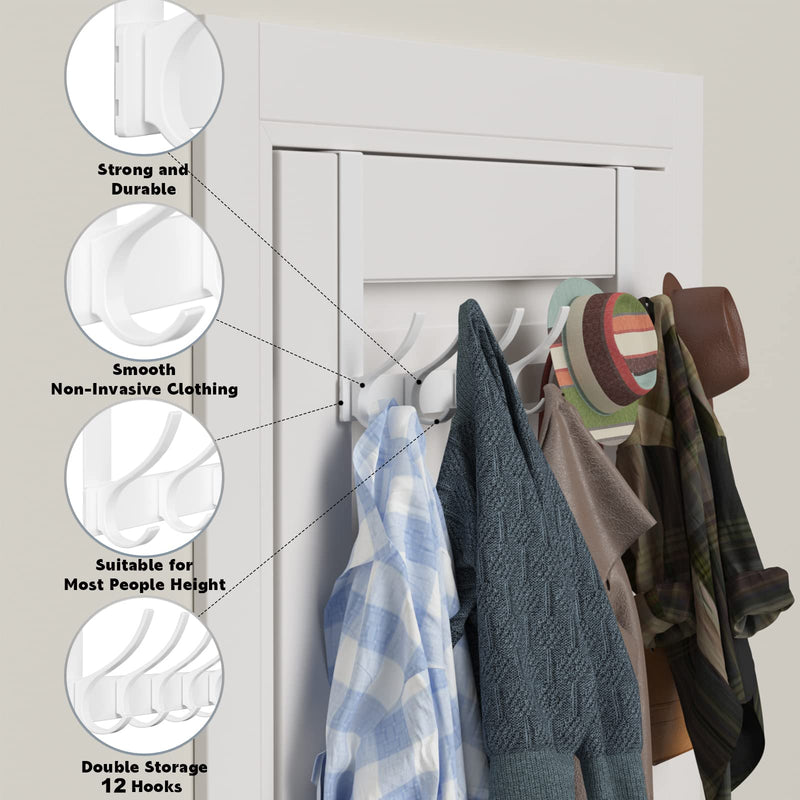 Over The Door Hooks, Sturdy Door Hanger, Large Over The Door Towel Rack with 12 Hooks, Heavy Duty Easy to Install, for Bathroom, Bedroom?Kitchen?Hanging Towels, Coats (White). White 1 Pack