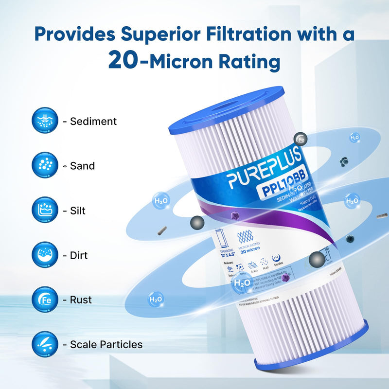 PUREPLUS 20 Micron 10" x 4.5" Whole House Pleated Sediment Filter for Well Water, Replacement Cartridge for GE FXHSC, Culligan R50-BBSA, Pentek R50-BB, DuPont WFHDC3001, W50PEHD, GXWH40L, 2Pack 2 Count (Pack of 1)