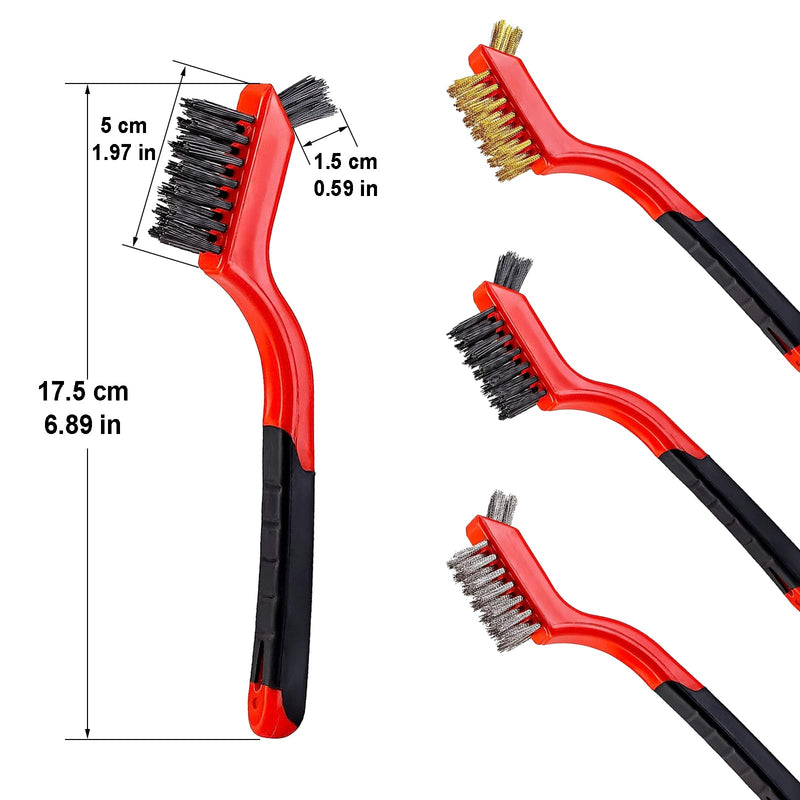 [Australia - AusPower] - 6Pcs Mini Wire Brush Set, Stainless Steel/Brass/Nylon Bristles Wire Brushes, Curved Handle Soft Grip for Rust, Dirt & Paint Scrubbing with Deep Cleaning – 7 Inches (Red) 6Pcs Red Mixed Brushed 