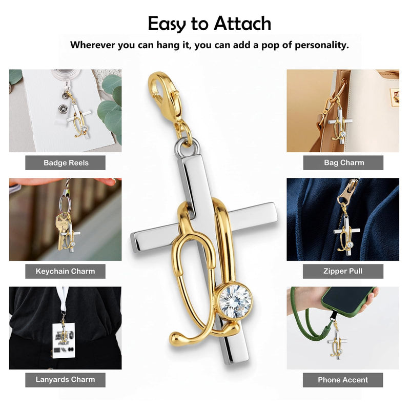 [Australia - AusPower] - Cross with Stethoscope Badge Charm, Cute Nurse Badge Reel Accessory, ID Clip Charm for Nurses, RN, LPN, Healthcare Field 