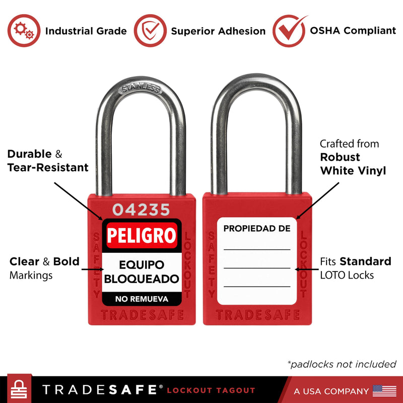 TRADESAFE Lockout Tagout Locks Label, Lock Out Tag Out Padlock Labels in English, Spanish, French, Danger Locked Out, Do Not Remove Loto Locks Stickers English, Spanish, French | 60-Pack