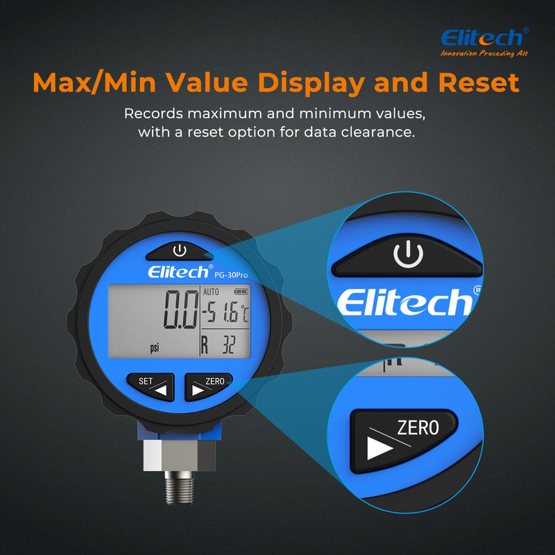 [Australia - AusPower] - Elitech PG-30Pro Blue Refrigeration HVAC Digital Pressure Gauge -14.5-500 PSI 1/8'' NPT 