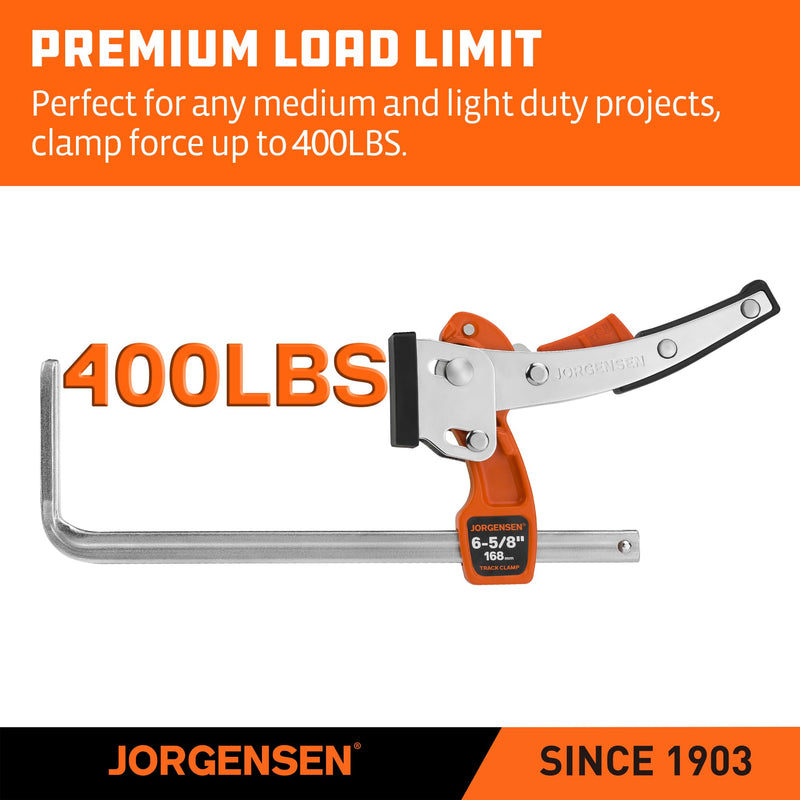 Jorgensen 6-5/8" Ratcheting Table Clamp, Quick Release Track Saw Clamp, Guide Rail Clamps for MFT Table and Guide Rail System, 2-7/8" Throat Depth, 400lbs Load Limit 1