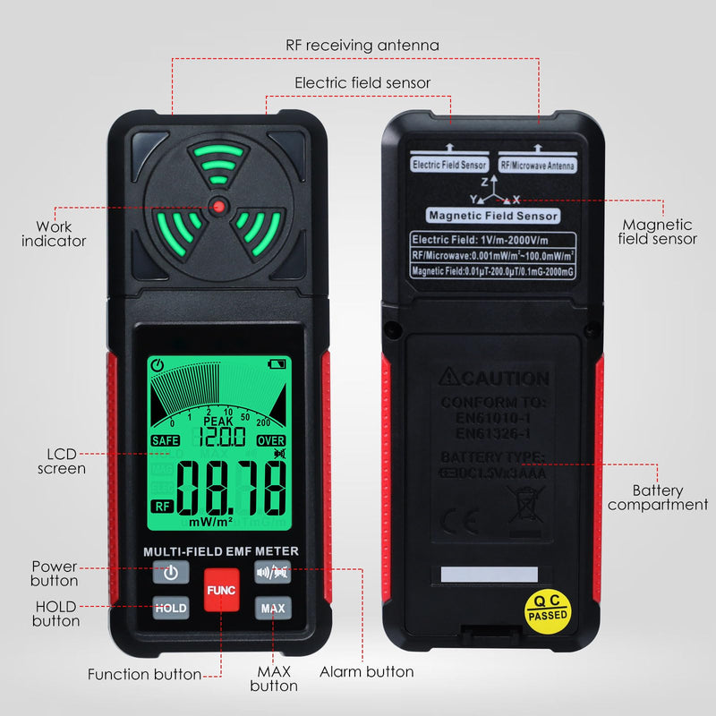 [Australia - AusPower] - 3-in-1 EMF ELF RF Meter, AC Electric Magnetic Radiation Field Detector Portable EMF Meter RF Detector for EF/RF/MF/WiFi Signal/Microwave, Emf Radiation Meter Suitable for Home, Office, Ghost Hunting 