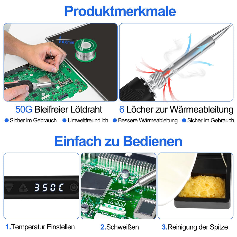 120 W LED Soldering Iron Set, 7 Seconds, Heating, Adjustable Temperature 180-520 °C | Auto Schlafmodus Präzise Lötwerkzeuge Elektronik Reparatur mit Lötdraht 5 Lötkolbenspitzen Entlötpumpe Ständer Pinzette