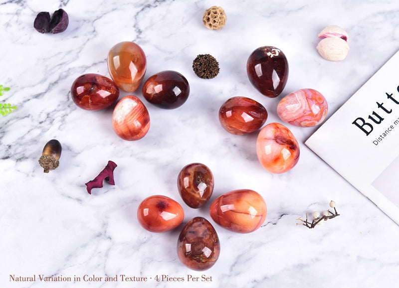 AMOYSTONE Red Agate Eggs Set of 4 (Polished Banded Agate) - Natural Gemstone Specimens with Wooden Base for Display & Collection (1.5-2 Inch, 2.8 oz) 1.5-2 Inch Red Agate Mini
