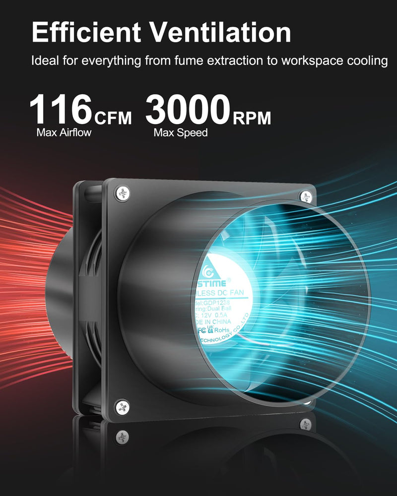 GDSTIME 120mm x 38mm 12V DC Axial Cooling Fan with Speed Controller, 110V 120V AC Powered, 4 Inch Small Duct Exhaust Fan with 2 Flanges for Soldering, 3D Printer Enclosure, Paint Booth Ventilation 1238 Fan + 2 Flanges