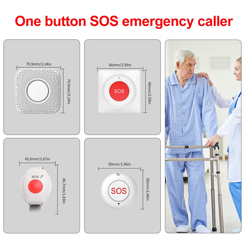 XUK Wireless Caregiver Pager Smart Call System for Elderly Monitoring SOS Alert System Portable Alarm with 1 SOS Call Panic Buttons & 1 Watch Pagers & 1 Square Pull Cord Pagers, 500+Feet 1 Receivers 1*Set of four styles(4 pieces total)