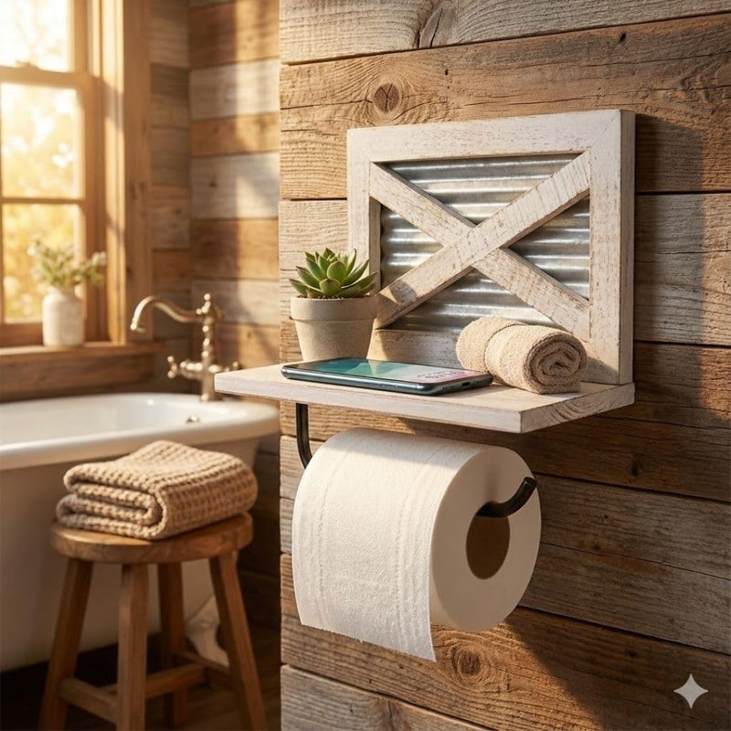 Autumn Alley White Farmhouse Toilet Paper Holder with Shelf for Wipes - Wooden Farmhouse Bathroom Decor - Shabby Chic Bathroom Accessories and Western Bathroom Decor Wall Mounted, White Wood No bracket
