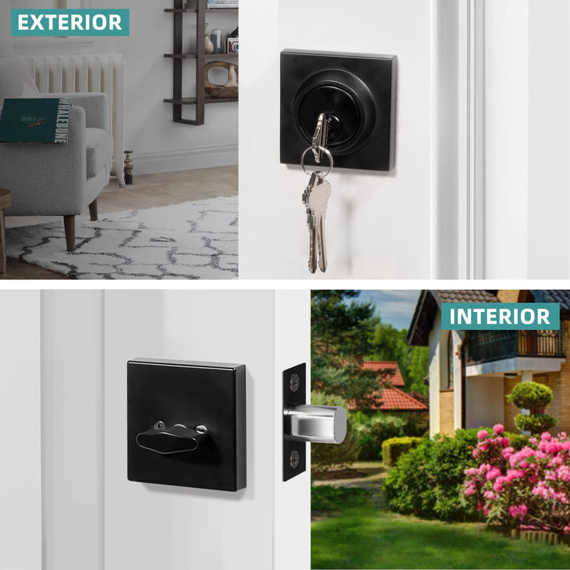 Square Single Cylinder Modern Deadbolt Lock with Keys, Matte Black Deadbolt for Front Door Entrance, Front Door Security Lock, Keyed 1 Side 1 Pack