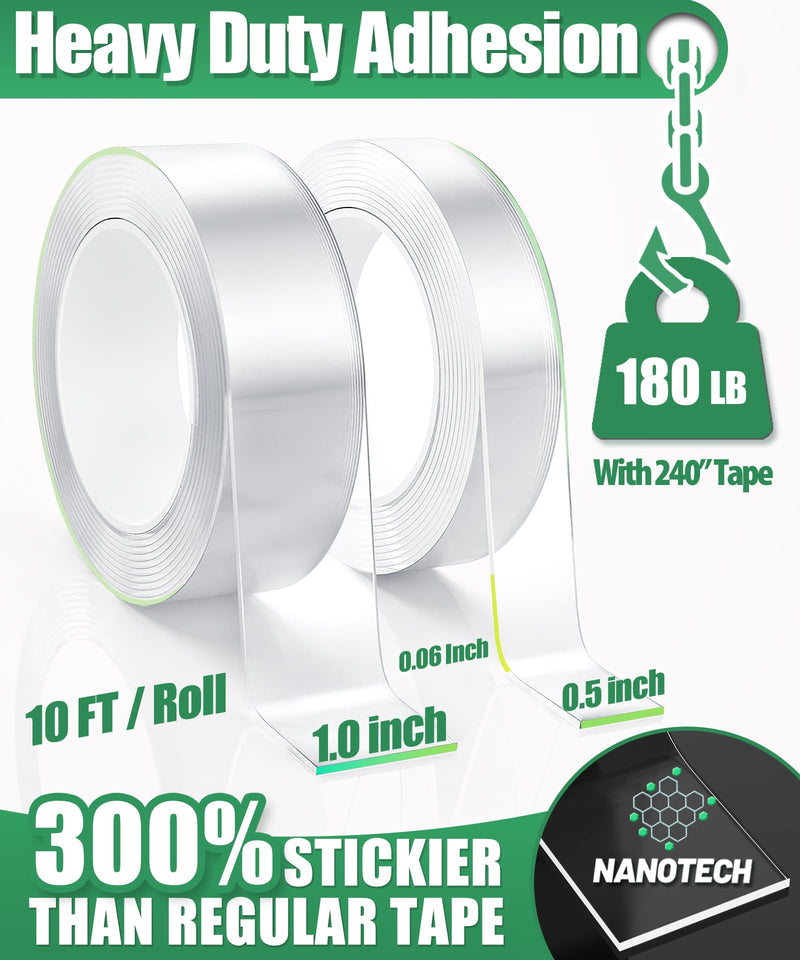 Double Sided Tape Heavy Duty, 240" L x 1"/0.5" W, Removable Waterproof Clear Nano Mounting Tape for Picture Hanging, Wall Decor, Rugs & Posters, Indoor Outdoor