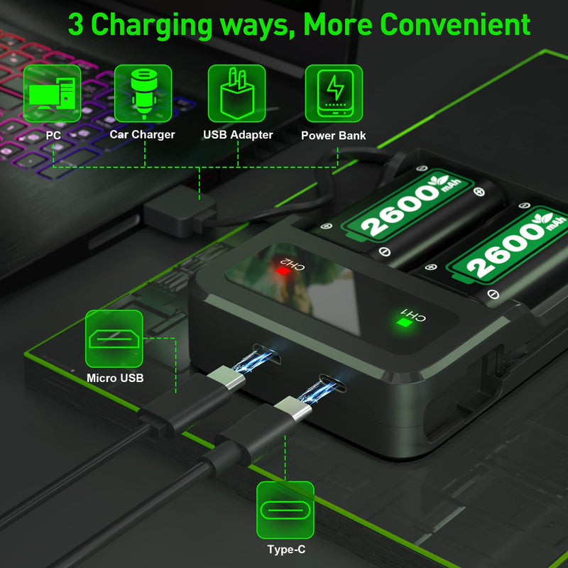 [Australia - AusPower] - Ukor Fast Charging 2x6200mWh(2x2600mAh) Rechargeable Battery Packs with Charger for Xbox One/Xbox Series X|S Xbox One S/Xbox One X/Xbox One Elite Wireless Controller, Lasting Intelligent Protection 