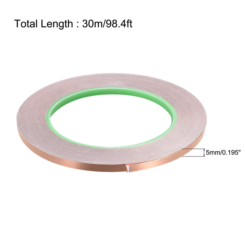 uxcell Double-Sided Conductive Tape Copper Foil Tape Adhesive 5mm x 30m/98.4ft for Guitar, EMI Shielding Crafts, Electrical Repairs, Stained Glass 2pcs