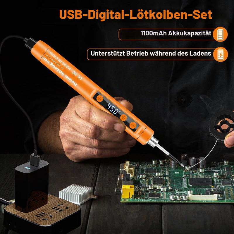 Battery Soldering Iron Set with Stand, Portable Wireless Soldering Iron with LCD, Adjustable Temperature 180-450°C, 3 Soldering Tips, Suitable for Repair Circuit Boards, Welding Repairs - Orange