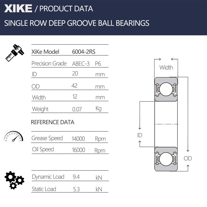 XiKe 2 Pcs 6004-2RS Double Rubber Seal Bearings 20x42x12mm, Pre-Lubricated and Stable Performance and Cost Effective, Deep Groove Ball Bearings. 6004-2RS Size 20x42x12mm