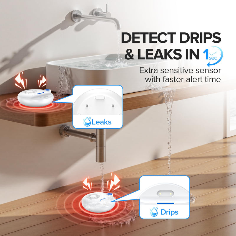 Nuleto WiFi Water Leak Detector 1s,Water Detectors & Alarms,Water Leak Sensor with SMS,Phone Call,APP Push,492ft for Home,Basement,Kitchen,5 Pack,2.4G WiFi Only 1 gateway + 5 sensor
