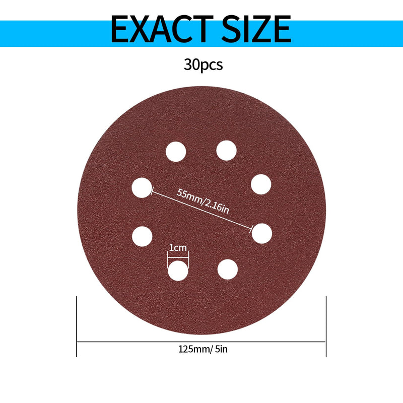 [Australia - AusPower] - Pack of 30 Sandpaper 125 mm Velcro, Sanding Discs, 8 Holes Round Velcro Sandpaper for Random Orbital Sanders Wood, Metal, Colour (40 Grit) 40 grit 