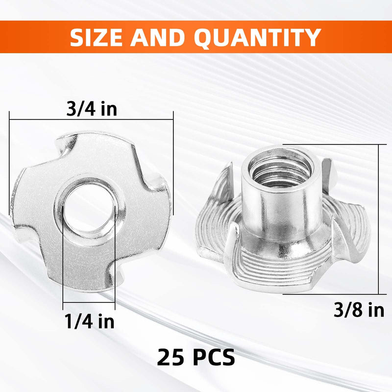 [Australia - AusPower] - 1/4"-20 T-Nut, 5/16" Barrel Length, 304 Stainless Steel Threaded Insert, 4-Pronged Tee Nut for Wood, Rock Climbing Holds,Cabinetry, Furniture, 25 PCS 1/4"-20 