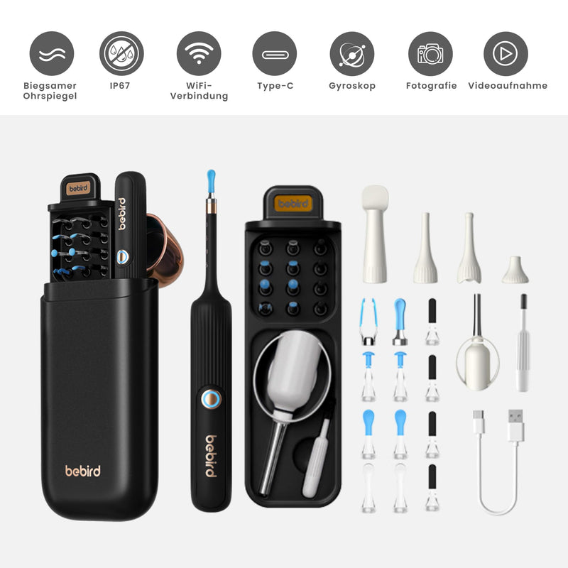 Bebird Visible Ear Cleaner, 1920P HD Adjustable Ear Cleaner with Camera and Light, Portable Ear Care Tool with Storage Box for Adults and Children, Compatible with iOS and Android Black