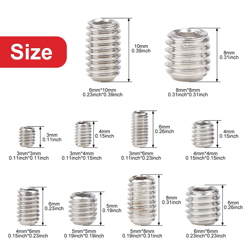 [Australia - AusPower] - 200pcs Stainless Steel Allen Head Grub Screws Socket Hex Set Screw Metric M3 M4 M5 M6 M8 Assortment Kit (Silver) Silver 