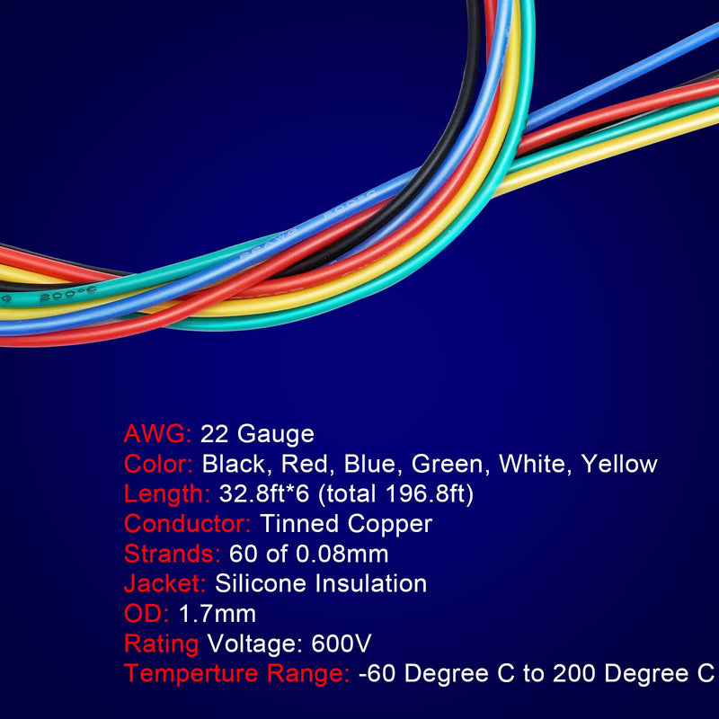 [Australia - AusPower] - ZHIYUAN 22 Gauge Wire 197ft,Stranded Silicone Electrical Wire Spool 22 AWG,32.8ft/10m 6 Colors,Flexible Tinned Copper Hook up Wire Kit for LED,RC Models,DIY Projects,Electrical Wiring,Automotive,200°C 