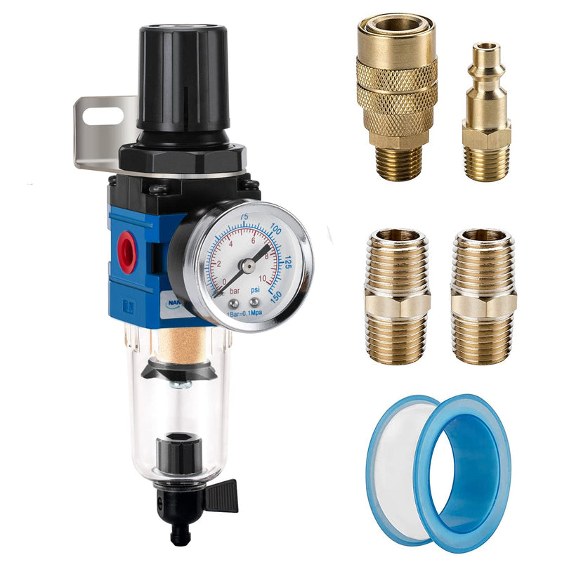 NANPU 1/4" NPT Compressed Air Filter Regulator Combo Piggyback, 5 Micron Brass Element, Poly Bowl, Manual Drain, Metal Bracket, 0-150 psi Gauge - AW2000-02M