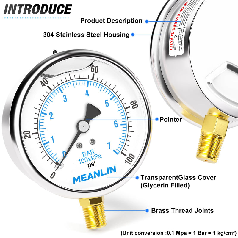[Australia - AusPower] - MEANLIN MEASURE 0~100Psi Stainless Steel 1/4" NPT 4" FACE DIAL Liquid Filled Pressure Gauge WOG Water Oil Air Lower Mount, with 1/2" NPT and 3/8" NPT Hex Bushing 0-100Psi Lower Mount/4" Face Dial 