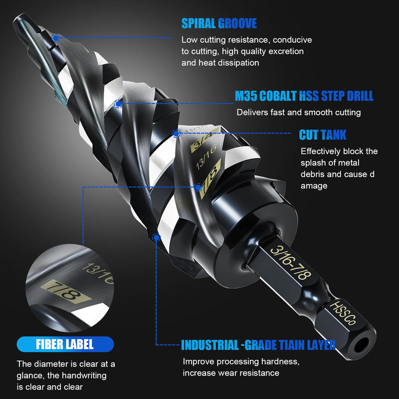 M35 Four Spiral Flute Step Drill Bit Set 1/8"-7/8"(3 pcs), 1/4" Hex Shank Unibit Step Drill bit, Impact Resistant M35 Cobalt Step Drill Bit, for Stainless Steel, Wood, Aluminum, Plastic Spiral 1/8"-7/8"