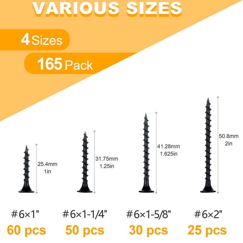[Australia - AusPower] - KURUI Drywall Screws Assortment Kit, 6 Black Wood Screws for Drywall,165pcs Coarse Thread Sheetrock Screws Set, Phillips Drive Self Tapping Dry Wall Screws 4 Sizes 1",1-1/4",1-5/8",2" 165 