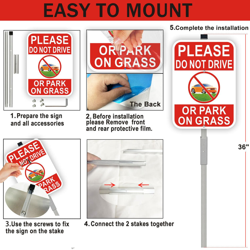 2-Pack No Parking on Grass Sign with 36" Metal Stakes, 10”x14” No Drive on Grass Rust-free Aluminum Yard Sign, Red/White 2 Pack- Red/White - 01