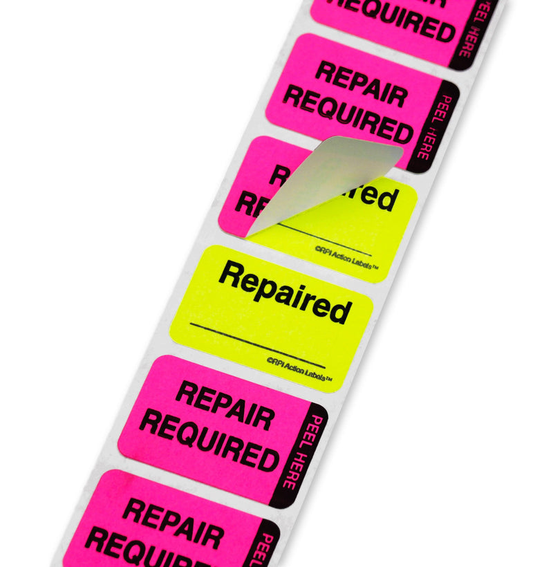 ChromaLabel 1 x 1.50 Inch Fluorescent Pink and Yellow Double Layer Quality Control Label, 250 per Dispenser Box, Imprinted: Repair Required, Repaired
