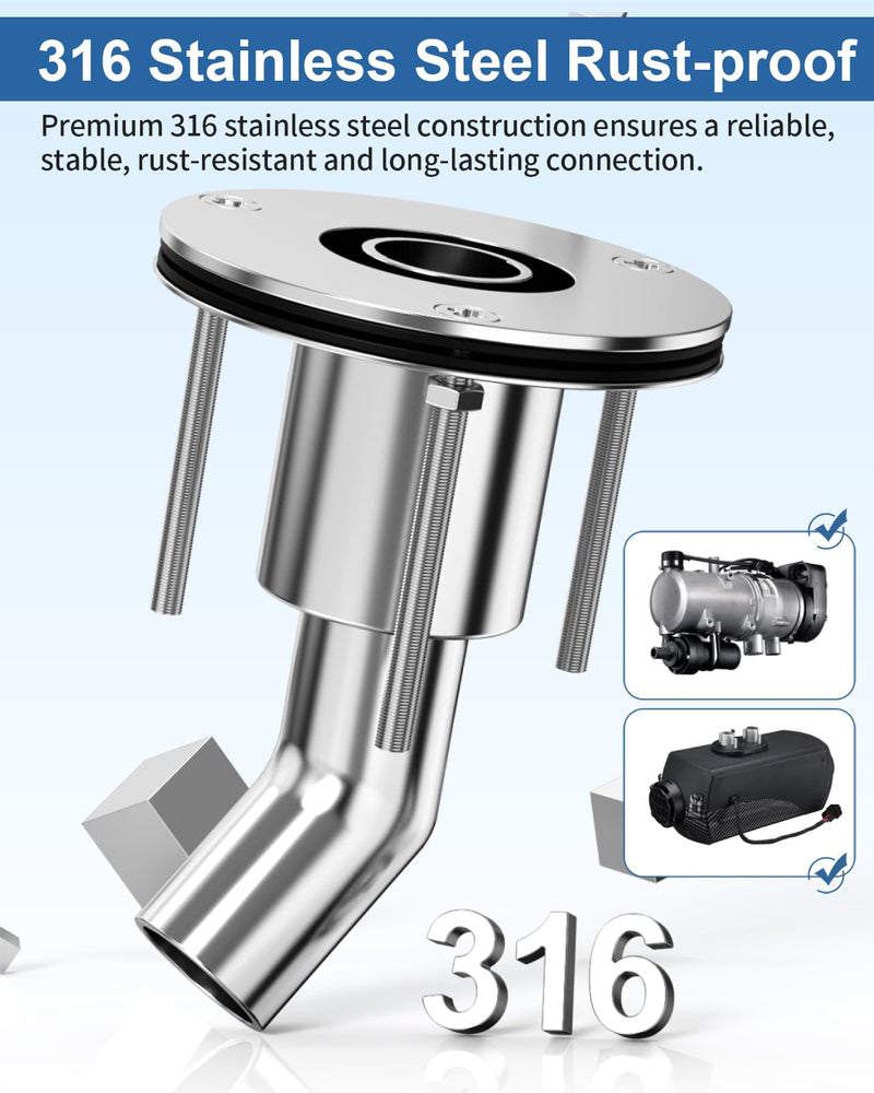 Stainless Steel 316 Diesel Heater Exhaust Port, 24mm Diesel Heater Exhaust Pipe Thru Wall, Thru Hull Pipe Outlet for Diesel Heaters, Thru Hull Fittings for Boats, Trucks, Garage, Diesel Heaters-Angled Angled diesel heater port accessories