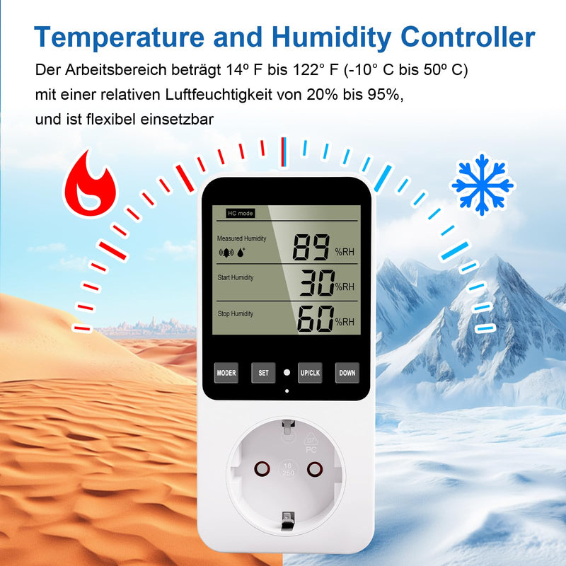 Temperature Controller Socket 230 V with Sensor Digital Hygrostat Humidity Regulator with Alarm for Humidifier Dehumidifier Terrarium
