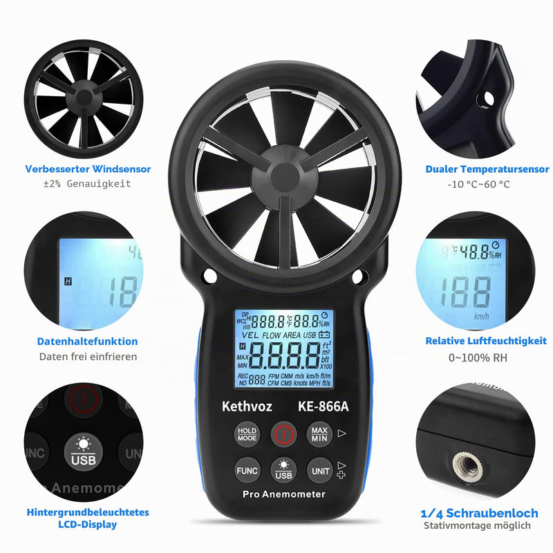 Wind Gauge HVAC Anemometer, Kethvoz Wind Meter CFM Air Flow Tester Wind Speed Meter Measure Air Flow Speed Wind Temperature for Air Vent Dust Collection Drone Shooting KE-866A