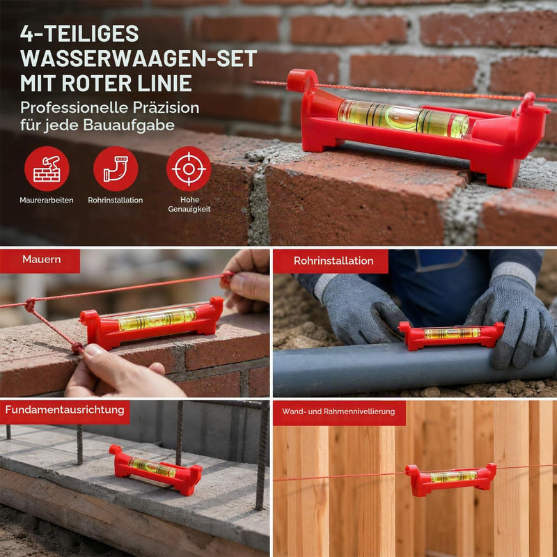 DaiUni Set of 4 String Spirit Levels, Professional Red Spirit Level for Masonry, Plumbing, Gutter Work