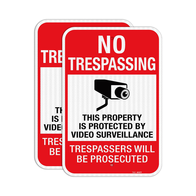 T&R (2 Pack) Large No Trespassing Private Property Sign Video Surveillance Sign, 18" x 12" Engineer Grade Reflective Sheeting, Rust Free Aluminum, Weather Resistant, Waterproof, Fade Resistant, 2 Pre-drilled Holes Red - 2 Pack