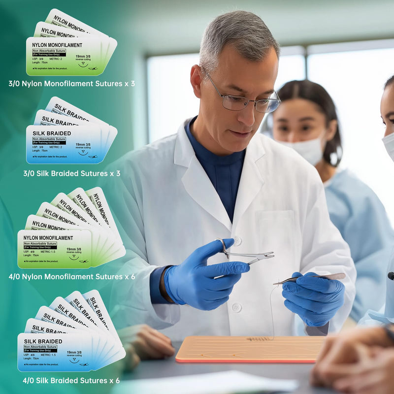 [Australia - AusPower] - Ultrassist Suture Refill Kit for Medical and Vet Students, Large Silicone Stitch Pad with Pre-Cut Wounds & Various Sutures, Ideal Practice Suture Training Kit (Education Use Only) 