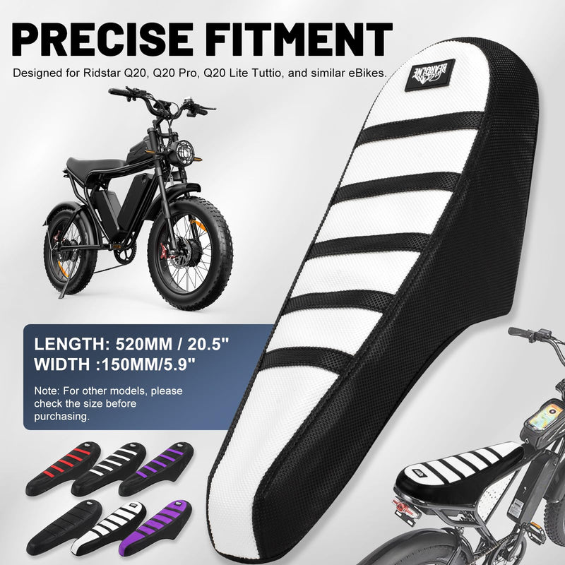 Ebike Seat Cover Upgraded for Ridstar Q20/Q20 pro EBikes Waterproof Non-Slip Seat Cover with Elastic Strap Seat Covers for Electric Dirt Bike (White with Black Ribs) White with Black Ribs